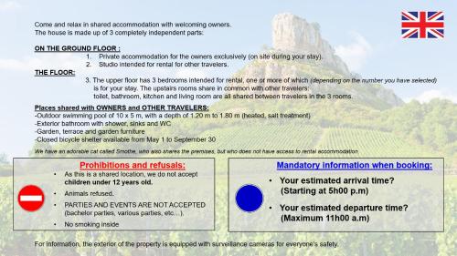 Une page d'un dépliant avec une montagne en arrière-plan dans l'établissement Chambre dans logement partagé chez l habitant avec piscine de 1 à 3 chambres, à Grièges