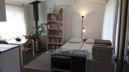 a small room with a bed and a book shelf at Taali Hoovimaja in Jaakna