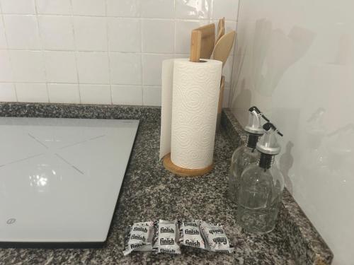 Un mostrador de baño con un rollo de toallas de papel y una botella en Luxury homes bajo laguna beach and pool vera, en Los Amarguillos