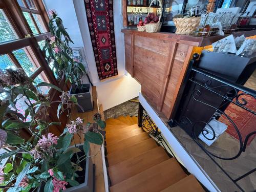 an overhead view of a kitchen with a stove at Submarine 105 Rooms in Gjirokastër