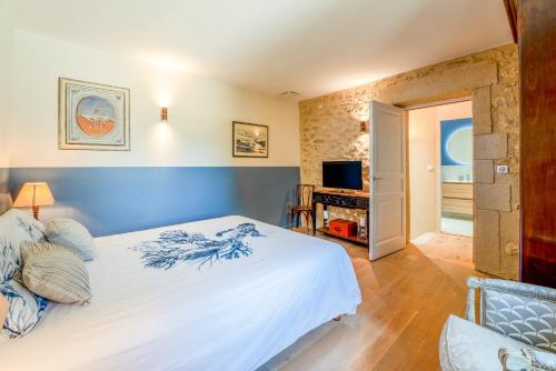 a bedroom with a large bed and a television at Maison d'hôte - La Colline in Solérieux