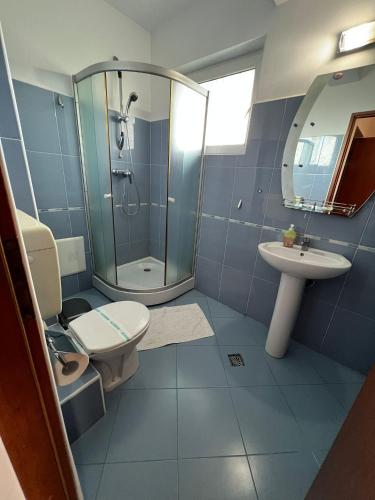a bathroom with a shower and a toilet and a sink at Pensiunea Tudor in Baile Felix