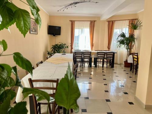 a dining room with tables and chairs and plants at Pensiunea Tudor in Baile Felix