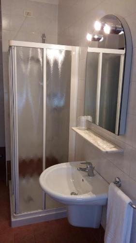 La salle de bains est pourvue d'une douche, d'un lavabo et d'un miroir. dans l'établissement Alla Speranza, à San Giórgio di Nogaro