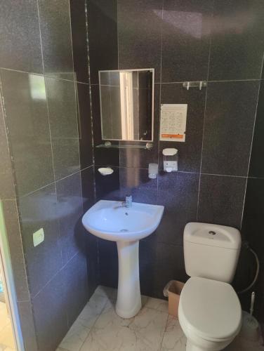 a bathroom with a white toilet and a sink at Ureki Mare House in Ureki