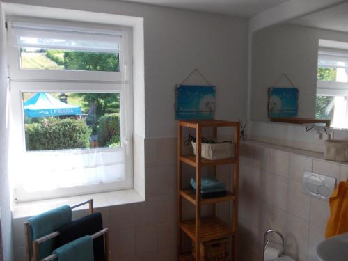 a bathroom with a sink and two windows at Ferienwohnung Neubert in Eibenstock