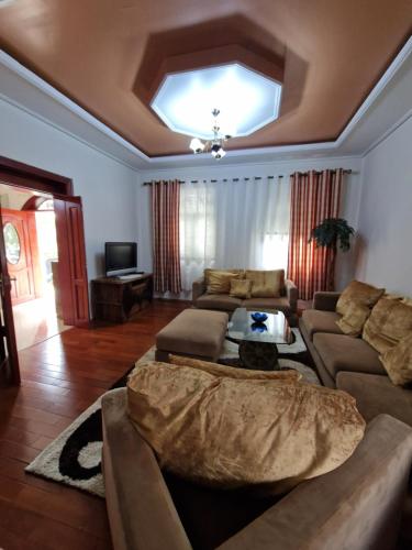a living room with a couch and a ceiling at The Koplik Guesthouse in Koplik