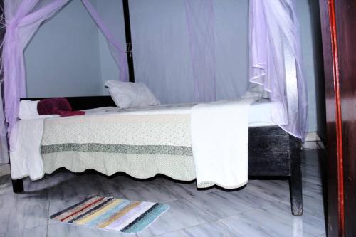 a bedroom with a bed with a canopy and a rug at Tenzi BnB in Jinja