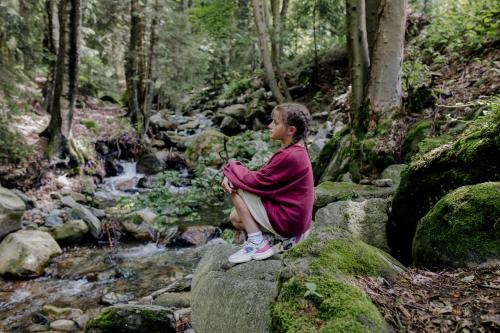 a young boy sitting on a rock by a creek at Mövenpick Resort & Spa Karpacz in Karpacz