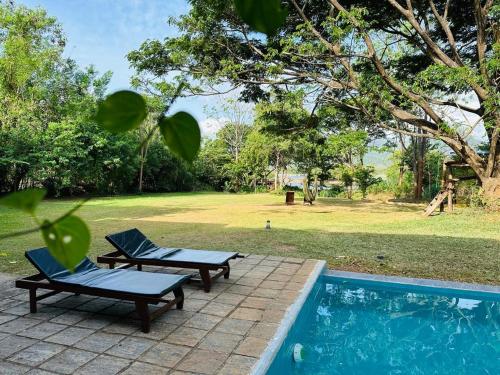 a patio with two chairs next to a swimming pool at Gaia Lake Bungalow Kandalama in Dambulla