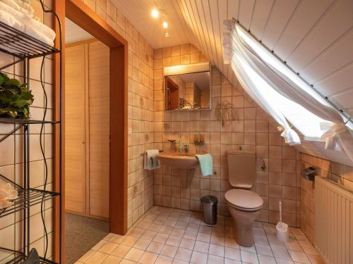 ein Badezimmer mit Toilette und Waschbecken in der Unterkunft Charming Apartment in Weißenbrunn near Forest in Weißenbrunn