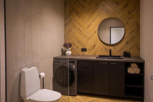 een badkamer met een toilet, een wastafel en een spiegel bij Sun Side Apartments Pärnu in Pärnu