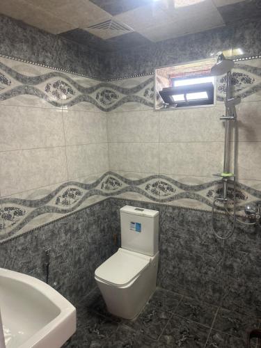 a bathroom with a white toilet and a sink at Ag ev in Mekhrably