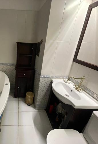 a bathroom with a sink and a toilet and a mirror at Domki w Bieszczadach Cisna in Cisna