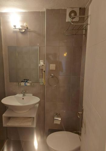 a bathroom with a sink and a toilet and a shower at Tosunpasa Cafe Otel in Bodrum City