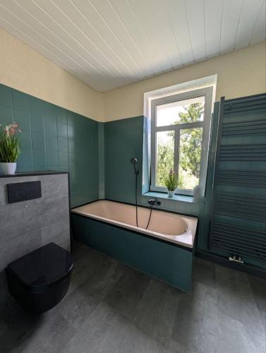 a bathroom with a bath tub and a window at Komfortzimmer Waldheim in Waldheim