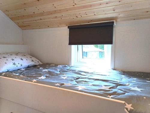 a bed in a room with a window at CABIN 8 Pet friendly Family glamping Seaview in Llwyngwril