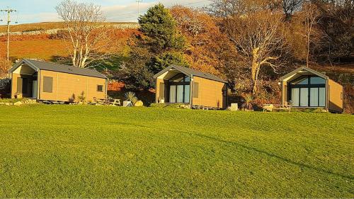 two houses on a grassy field in front of trees at CABIN 8 Pet friendly Family glamping Seaview in Llwyngwril