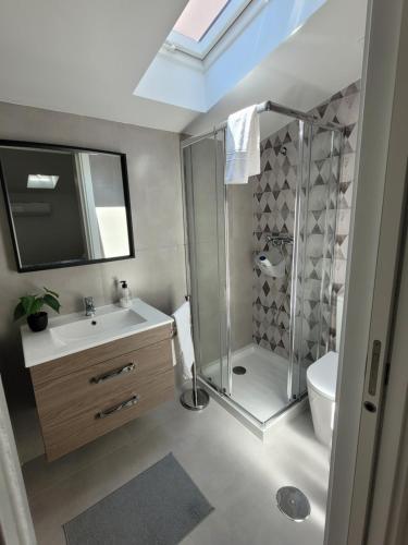 a bathroom with a shower and a sink and a toilet at Moliceiro HOUSE in Aveiro