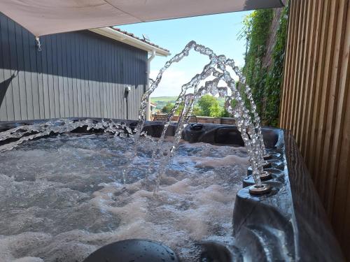 a water fountain in a pool of water at Eden Garden in Llangain