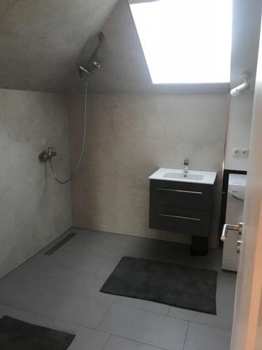 a small bathroom with a sink and a shower at Fewo Jura Hills in Pommelsbrunn