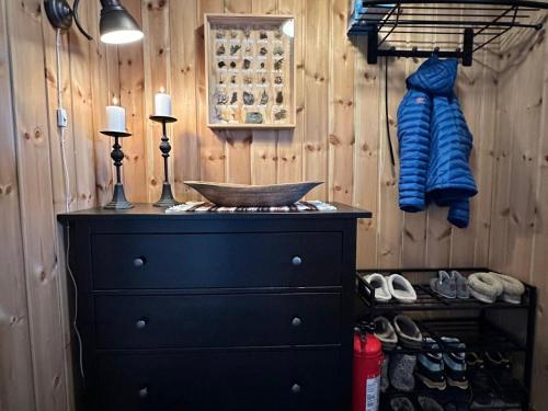 a black dresser in a room with a wooden wall at Hytte i naturskjønne Javnlie in Skammestein
