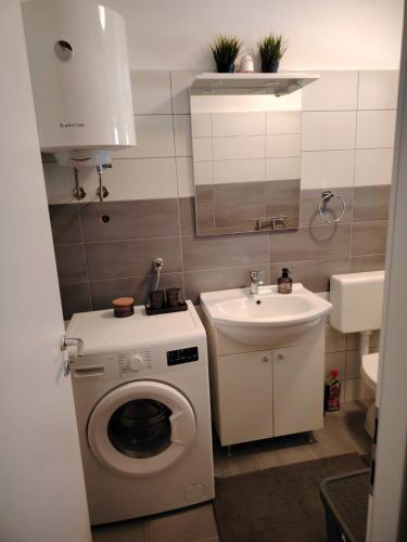 a small bathroom with a washing machine and a sink at Prominska Bajka in Razvođe