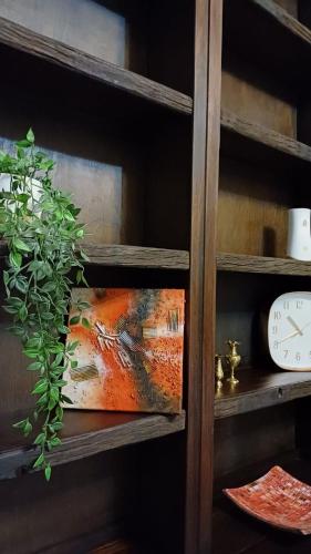 a shelf with a clock and a plant on it at Panorama Self Catering 2 in Panorama