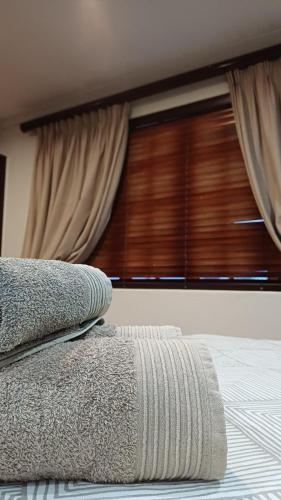 a bed with two pillows on top of it with a window at Panorama Self Catering 2 in Panorama