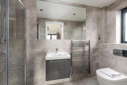 une salle de bain avec un lavabo, des toilettes et un miroir dans l'établissement Robins Retreat Silverlake OI19 Silverlake Dorset, à Warmwell