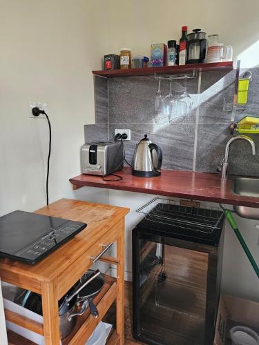 a kitchen with a counter with a microwave and a stove at Bellingen - Hilltop Garden Studio in Bellingen