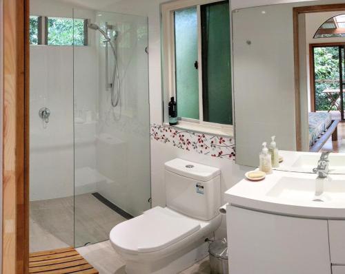 Un baño con inodoro, ducha y lavabo. en Bellingen - Hilltop Garden Studio, en Bellingen