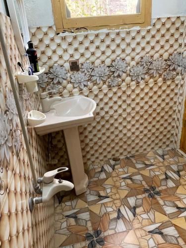 a bathroom with a sink and a mosaic floor at Alpine Resort Khaplu in Khaplu