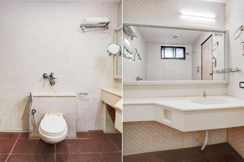 two pictures of a bathroom with a toilet and a sink at Collection O Civil Aviation HAL Road in Bengaluru