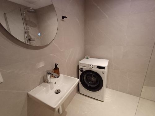 a bathroom with a washing machine next to a sink at Luise LuXe Suites in Tallinn