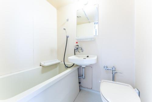 a bathroom with a sink and a toilet and a mirror at Villa FUN Kawana in Ito