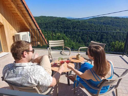 a man and a woman sitting at a table with wine glasses at Holiday home in Trebnje - Kranjska (Krain) 53751 in Trebnje