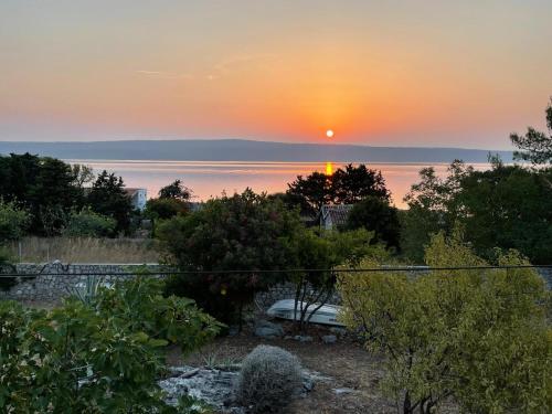 a sunset over the water with a car in a garden at Villa Amorosa in Nerezine
