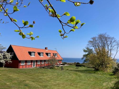a red house on a hill with the ocean in the background at Wildernest Bornholm - Svanen in Neksø