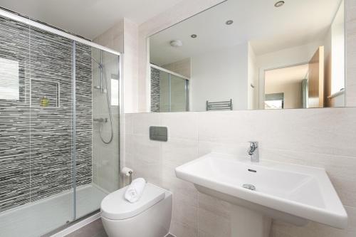 ein Badezimmer mit Waschbecken, Toilette und Dusche in der Unterkunft Songbird SV30 Silverlake Dorset in Warmwell