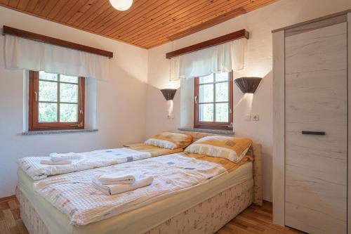 a bedroom with two beds and two windows at Vineyard cottage Kolpa Zupančič in Stari Trg ob Kolpi