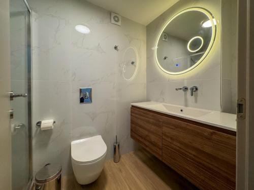 a bathroom with a toilet and a sink and a mirror at The Olive Path in Kalandra