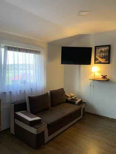 a living room with a couch and a flat screen tv at Mazurski dom Brejdyny Sauna i Bania in Mrągowo