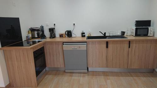 a kitchen with a wooden counter top with a dishwasher at Hébergement-Joli T3-70m2-Terrasse-Jardin in LʼEntre-Deux