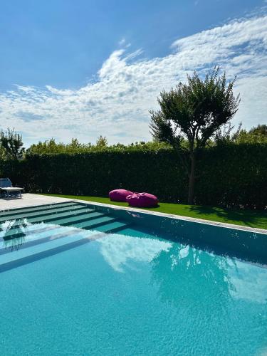 a swimming pool with a purple object on top of it at Hotel Mealba in Saronno