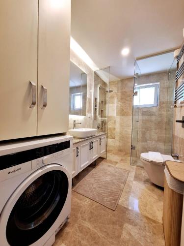 a washing machine in a bathroom with a toilet and a sink at İBAK Apartments in Gümüşlük