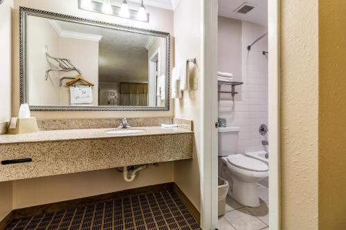 a bathroom with a sink and a toilet and a mirror at Motel 6-Alvin, TX in Alvin