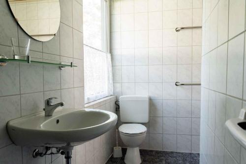 a bathroom with a sink and a toilet and a mirror at Holiday home Fuhlendorf 2 in Fuhlendorf