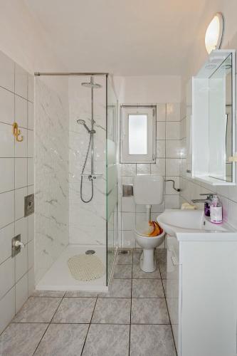 a bathroom with a shower and a toilet and a sink at Spacious Terrace Apartments in Rogoznica