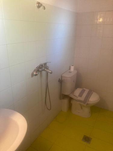 a bathroom with a shower with a toilet and a sink at Liberty-Apartment N3 in Georgioupolis